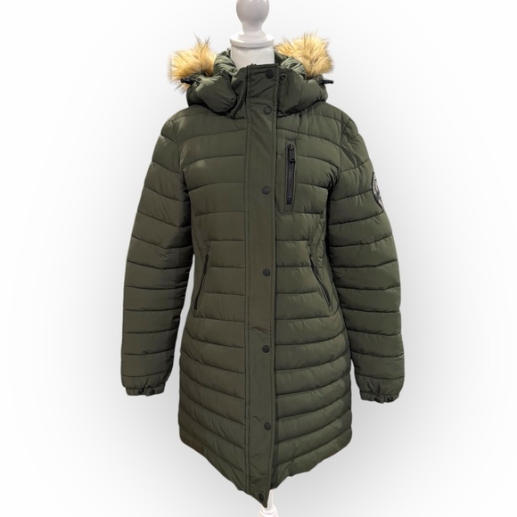 Superdry Jackets & Blazers - Superdry Mountain Olive Green Long Puffer Coat Faux Fur Hood Winter Jacket Sz 4